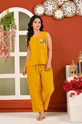 Cotton Yellow Embroidered Sleeveless Co-ord Set